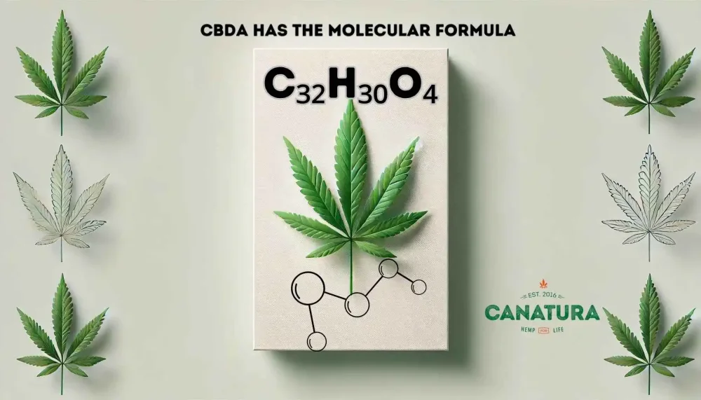 An image of a hemp leaf with the molecular formula C₃₂H₃₀O₄ representing cannabidiol (CBDa).