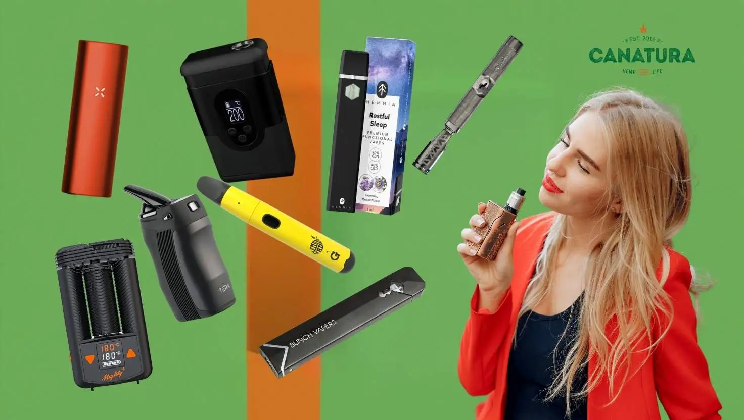 Různé přenosné vaporizéry a vedle stojí žena, která drží vaporizér, doplněno o logo Canatura