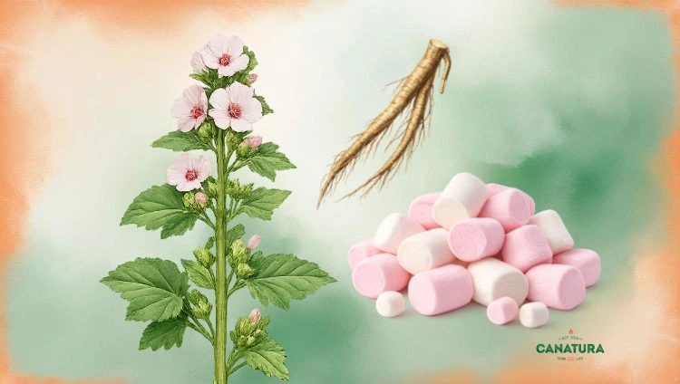 Althaea officinalis: Image of the plant, root and marshmallow sweets
