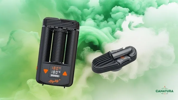 Mighty+ portable vaporizer with cooling unit; Canatura logo at the bottom right