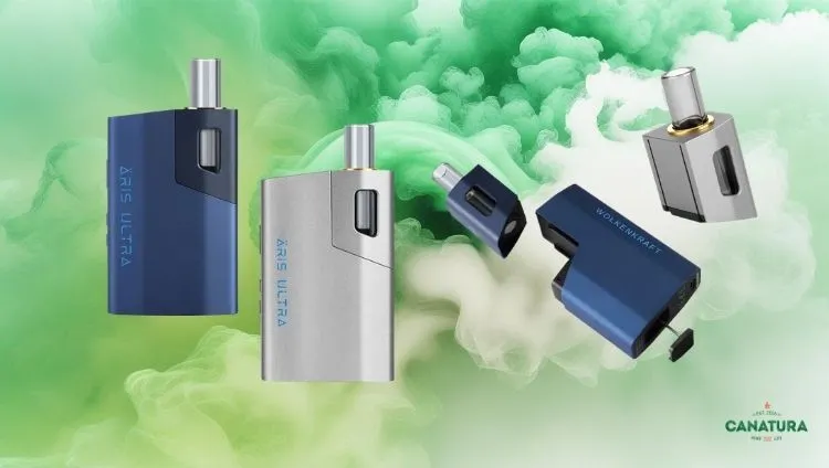 Wolkenkraft Äris Ultra portable dry herb vaporizers in gray and blue, with the Canatura logo at the bottom right