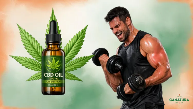 On the left, a bottle of CBD oil and a cannabis leaf; on the right, a strong man.