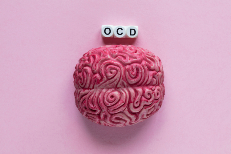 Model of the human brain on a pink background labeled OCD – illustration of obsessive-compulsive disorder.