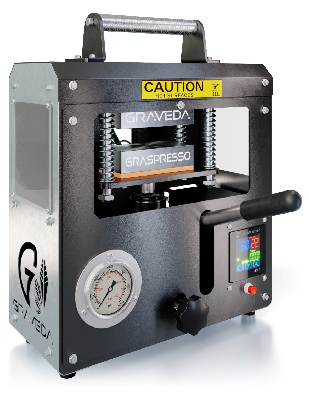 Graveda Graspresso Rosin Press s 7-tonovým hydraulickým valcom a indikátorom tlaku