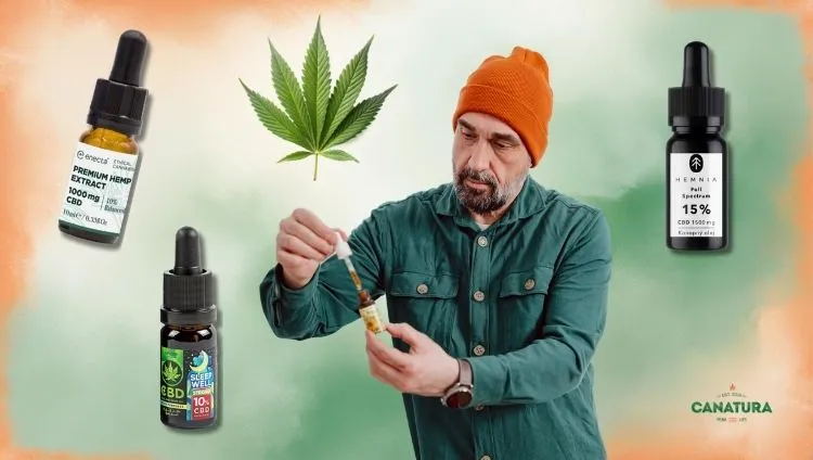 Man with CBD oil in his hand, surrounded by CBD oil products and a cannabis leaf