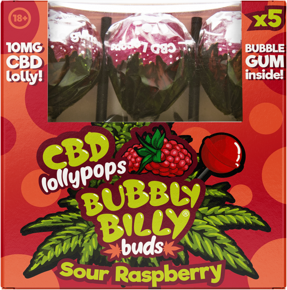 Bubbly Billy Buds 10 mg CBD kyslé malinové cukríky s bublinkovou žuvačkou vo vnútri – darčeková krabička (5 cukríkov), 100 g
