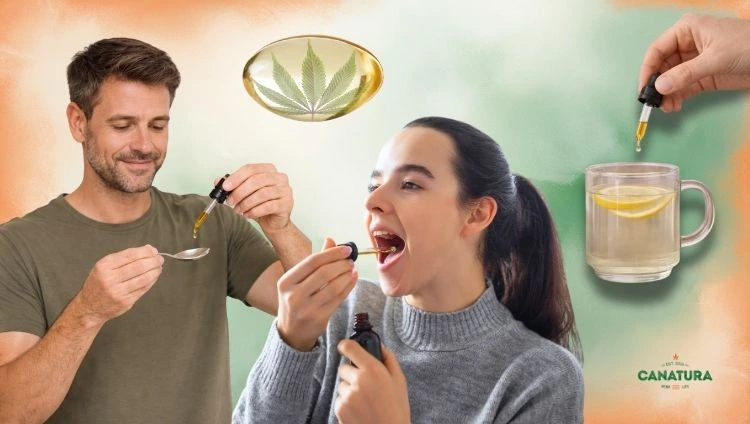 Man dripping CBD oil onto a spoon, woman dripping CBD oil into her mouth, hand dripping CBD oil into a drink