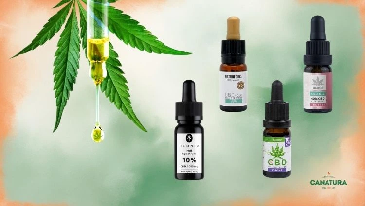 Hemp leaf, CBD oil in a dropper and products from various brands, Canatura logo at bottom right