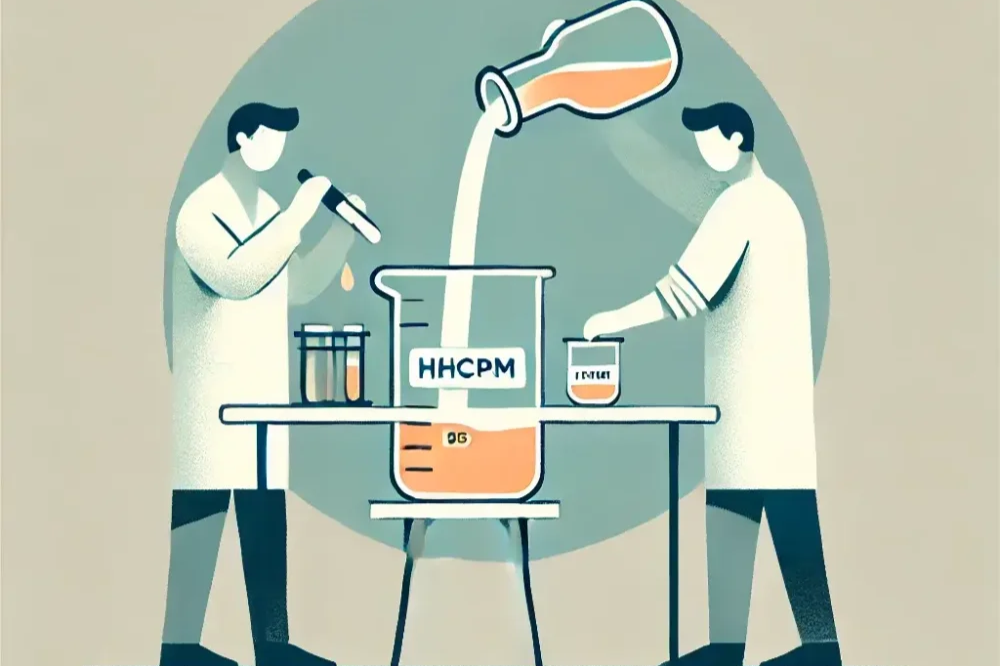 A simple illustration of two men in a laboratory, with a container labeled HHCPM in the middle, into which HHCPM distillate with low viscosity is being poured.