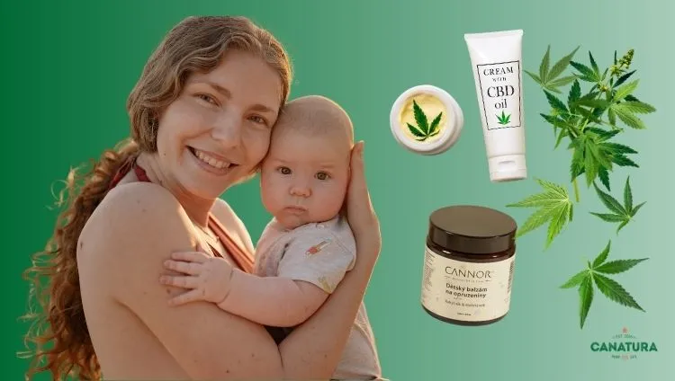 Mother holding a baby next to CBD topical products such as cream and balm, illustrating the topic of CBD use during breastfeeding and the safety of topical products that only act on the surface of the skin and do not enter the bloodstream, Canatura logo at the bottom right