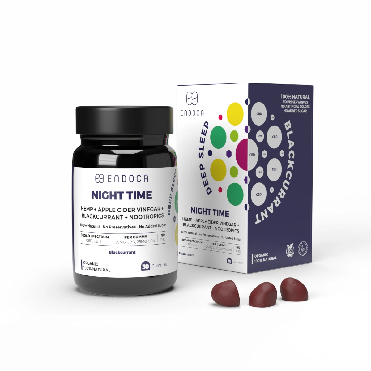 Endoca CBD Gumené cukríky Nočné, 25 mg CBD, 25 mg CBN, príchuť čiernej ríbezle, 30 ks, 60 g