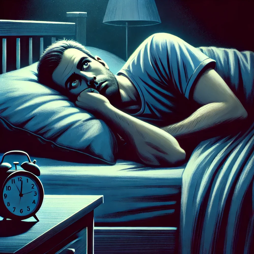 A man is lying in bed and cannot sleep because he suffers from insomnia, which could be helped by the metabolite 11-OH-THC