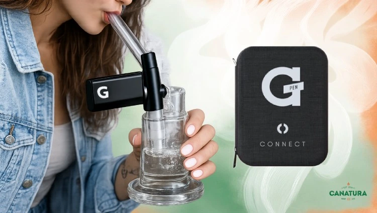 On the left, a woman taking a drag from a bong with a G Pen Connect; on the right, the vaporiser case; in the background, vapour; at the bottom right, the Canatura logo