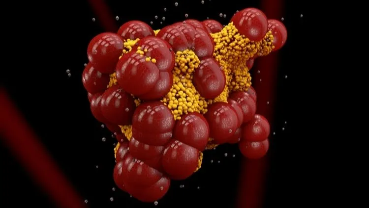 Cholesterol plaque in an artery – accumulation of fats, blood cells, and deposits causing atherosclerosis and narrowing of blood vessels