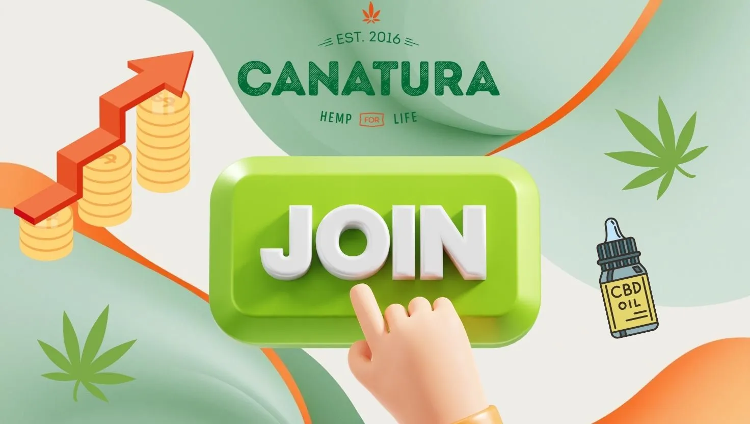 Visual representation of the Canatura affiliate program – green JOIN button, Canatura logo, CBD oil, and income growth symbol