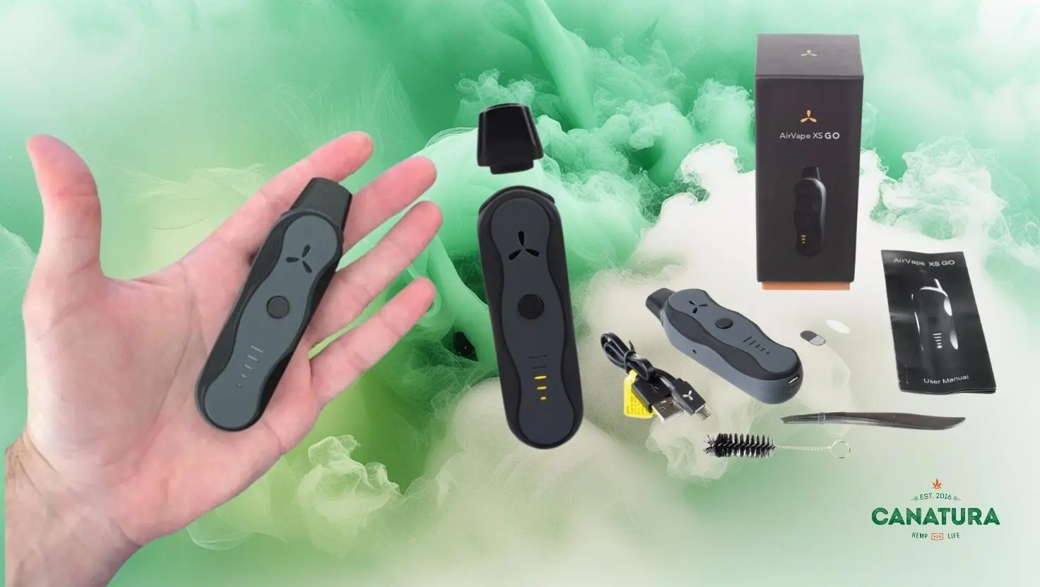 A hand holds a small portable vaporizer AirVape Xs GO, next to Airvape Xs GO with a mouthpiece and complete accessories on a green and white background resembling steam, with the Canatura logo at the bottom right