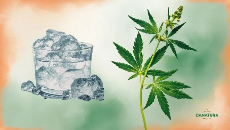 Ice water separation, a glass with ice and ice water, a cannabis leaf, Canatura logo in the bottom right