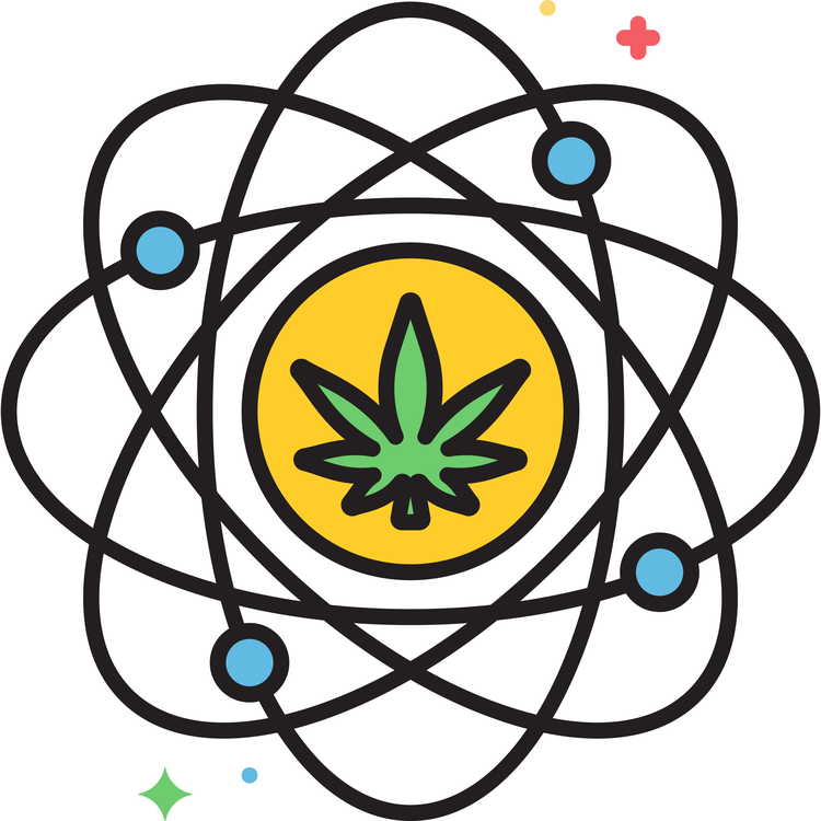 An atom model with blue electrons orbiting a yellow nucleus that contains a green cannabis leaf symbol.