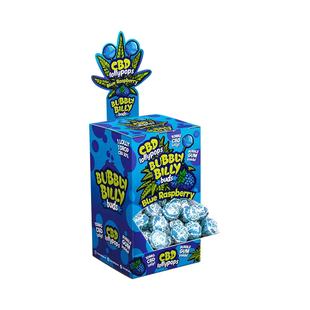 Bubbly Billy Púčiky 10 mg CBD Blue Raspberry Lollies – obal na displej (100 lízaniek), 2000 g