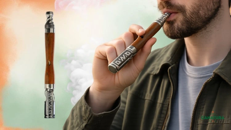 A man taking a puff from WoodWynd, Canatura logo at bottom right