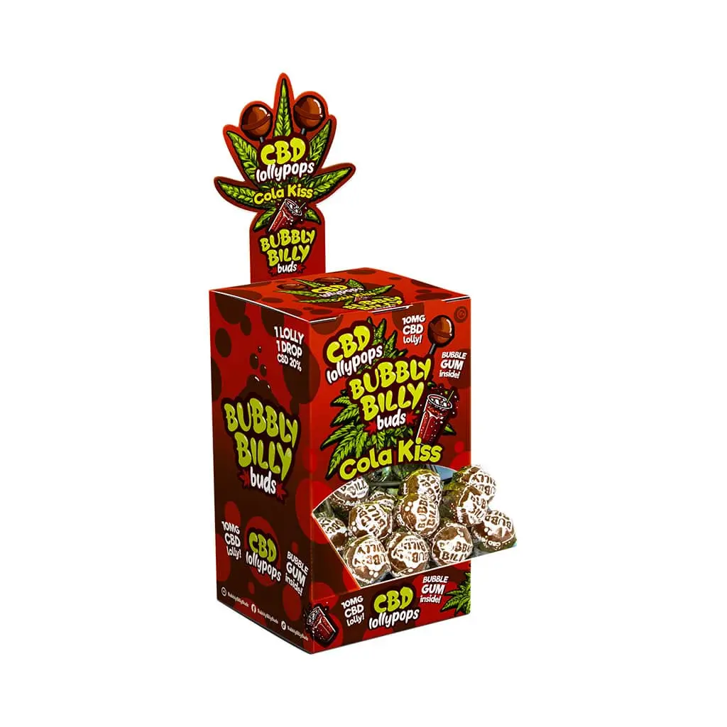 Bubbly Billy Púčiky 10 mg CBD Cola Kiss Lollies – obal na displej (100 lízaniek), 2000 g