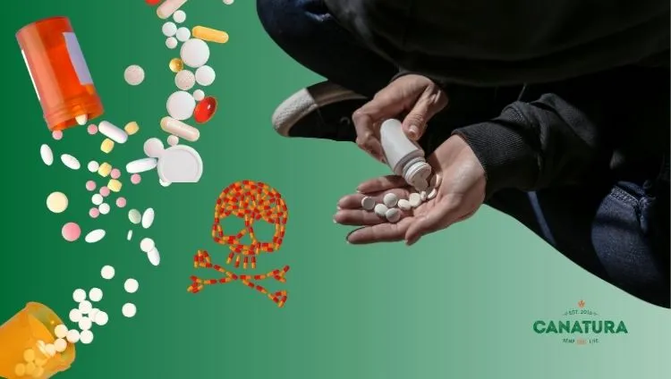 A person holding pills in their hands, various types of tablets, and a skull symbol made from capsules