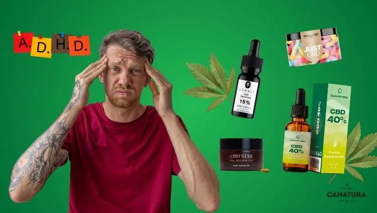 Man with attention deficit disorder holding his head, surrounded by products with CBD oil and cannabis leaves – CBD and cannabis as support for ADHD, Canatura logo at bottom right