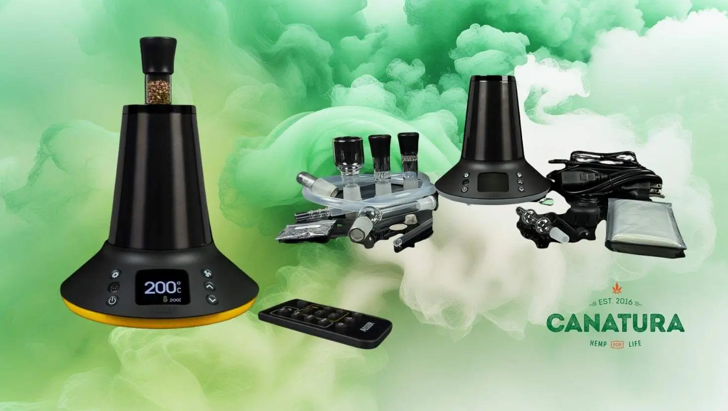 Arizer XQ2 vaporizer with accessories such as a controller, hose, balloon, and other accessories