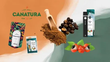 Guarana i form af ekstrakt, pulver og funktionel vaporizer Hemnia, cartridge Hemnia og guaranaekstrakt fra Canntropy, suppleret med Canatura-logo.