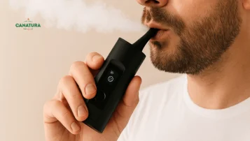 Mann holder en Arizer Solo II Max vaporizer.