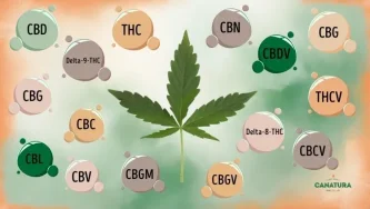 List konoplje in okoli njega barvni mehurčki z imeni kanabinoidov – CBD, THC, CBN, CBG, CBC, CBL, THCV, CBDV, CBV, CBGM, CBGV, Delta-9-THC in Delta-8-THC