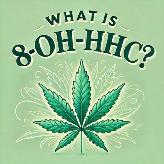 Besedilo: Kaj je 8-OH-HHC?, list konoplje na svetlo zelenem ozadju
