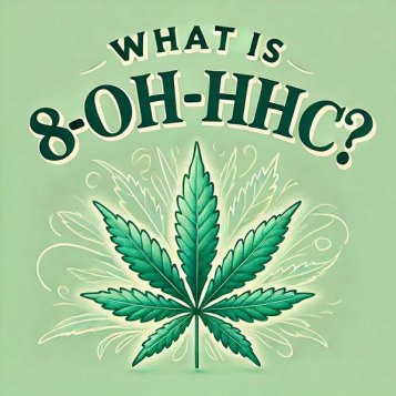 Teksts: Kas ir 8-OH-HHC?, kaņepes lapa uz gaiši zaļa fona