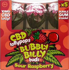 Bubbly Billy Buds 10 mg CBD Ξινό Βατόμουρο Γλειφιτζούρια με Τσιχλόφουσκα στο εσωτερικό – Συσκευασία δώρου (5 Γλειφιτζούρια), 100 g