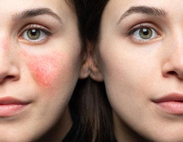 Sammenligning af hud med rosacea og sund hud – illustrativt foto.