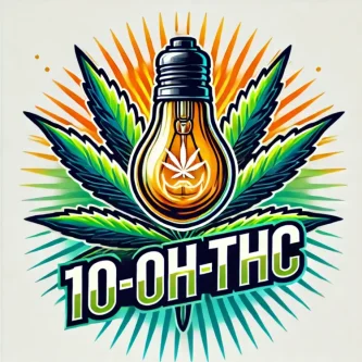 Konopljin list, oranžna žarnica in besedilo pod njo: 10-OH-THC