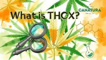 Texte : Qu’est-ce que le THCX ? Feuilles de cannabis vertes et orange, loupe, accompagné du logo Canatura