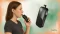 Woman vaping with a portable AirVape Legacy Pro vaporizer, next to her a close-up of the device.