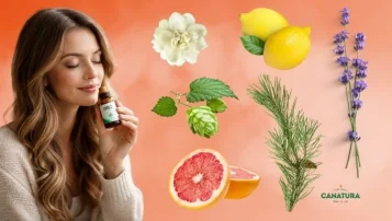 Lugter CBD som marihuana? En kvinde dufter til CBD-olie, ved siden af hende ligger lavendel, fyr, citron, jasmin, humle og grapefrugt.