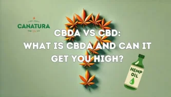 Slika oranžnih listov konoplje, razporejenih v obliki vprašaja na svetlo zelenem ozadju, z besedilom „CBDA proti CBD: Kaj je CBDA in ali vas lahko omami?