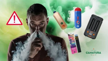 Illustrasjon av de vanligste feilene ved vaping – mann med vaporiser, advarselsikon, FireFly vaporiser, G Pen, Canntropy og Mighty, Canatura-logo nederst til høyre