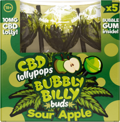 Bubbly Billy Buds 10 mg CBD Ξινόμηλα Γλειφιτζούρια με Τσιχλόφουσκα στο εσωτερικό – Συσκευασία δώρου (5 Γλειφιτζούρια), 100 g