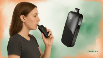 Жена изпарява с преносимия изпарител AirVape Legacy Pro, до нея детайлен изглед на устройството.