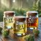 Three glass containers containing cannabis concentrates labeled: live resin, live resin terpenes and CBD live resin on a wooden table, surrounded by sticks of CBD technical hemp