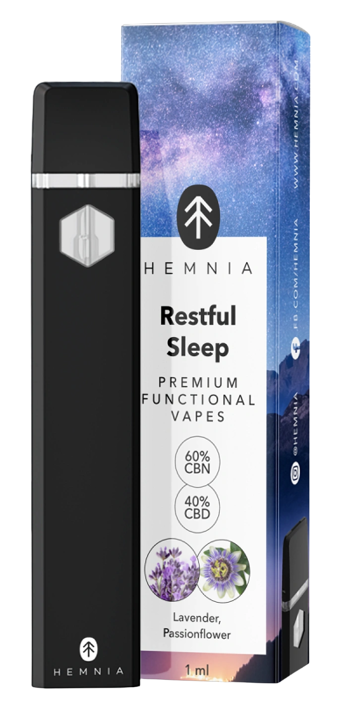 Hemnia Premium Functional Vape Pen Restful Sleep, 40 % CBD, 60 % CBN,  Levander, Passionflower, 1 ml