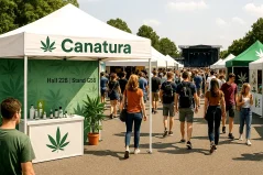 Visitors walking through the booths at Mary Jane Berlin 2025, with the Canatura booth prominently displayed in Hall 22B.