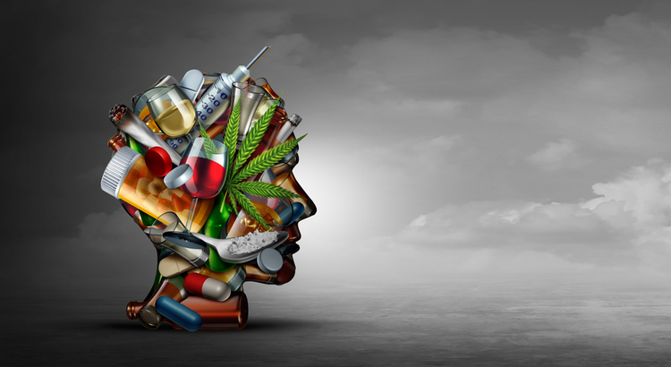 A head that is full of various addictive substances such as pills, alcohol, cannabis, and others