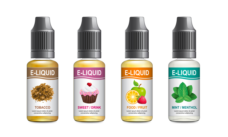 Various flavors of e-liquids for vaping, including tobacco, sweet, fruit, and menthol varieties.