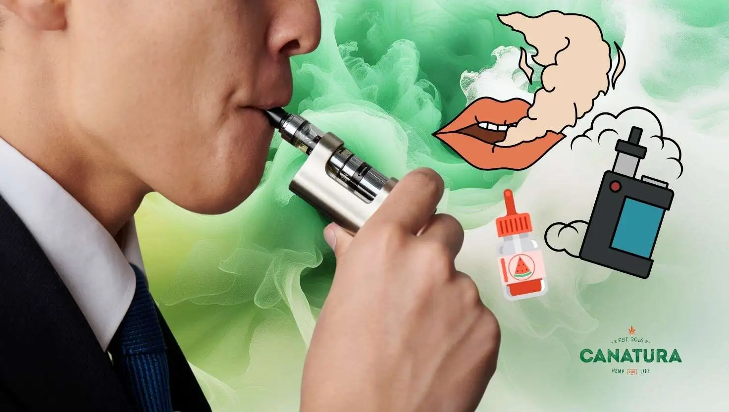 A man vaping e-liquid, next to him an illustration of vapour, bottles with flavours and a vape device, with the Canatura logo at the bottom right