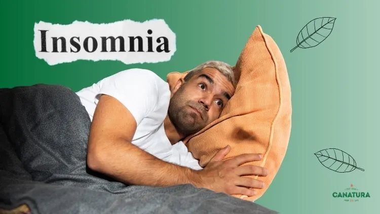 A man suffering from insomnia, a side effect of kratom, Canatura logo in the bottom right corner